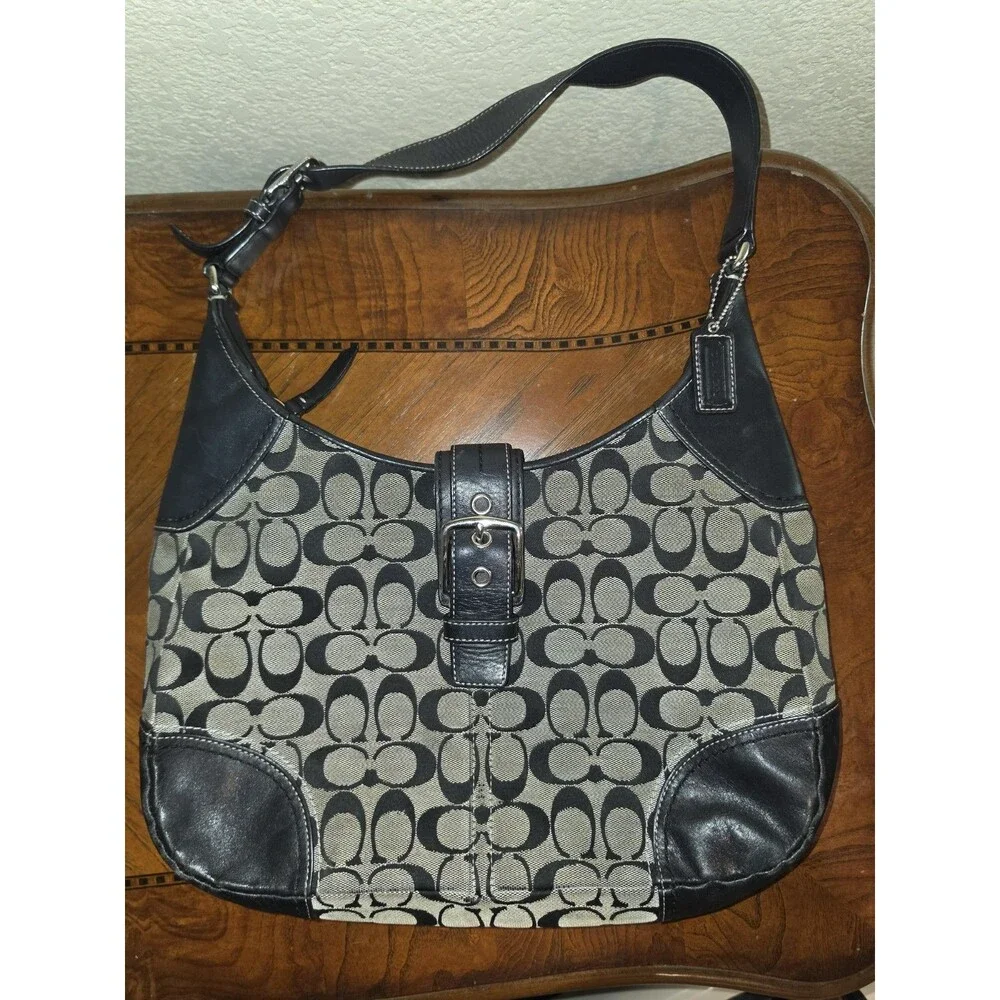Coach Hamptons Black Gray Jacquard Shoulder Hobo Bag Purse Canvas Y2K # F12640